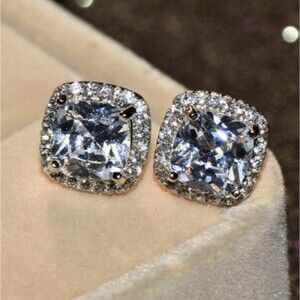 NEW Silver Manure Square Cut White CZ Diamond Stud Earrings
